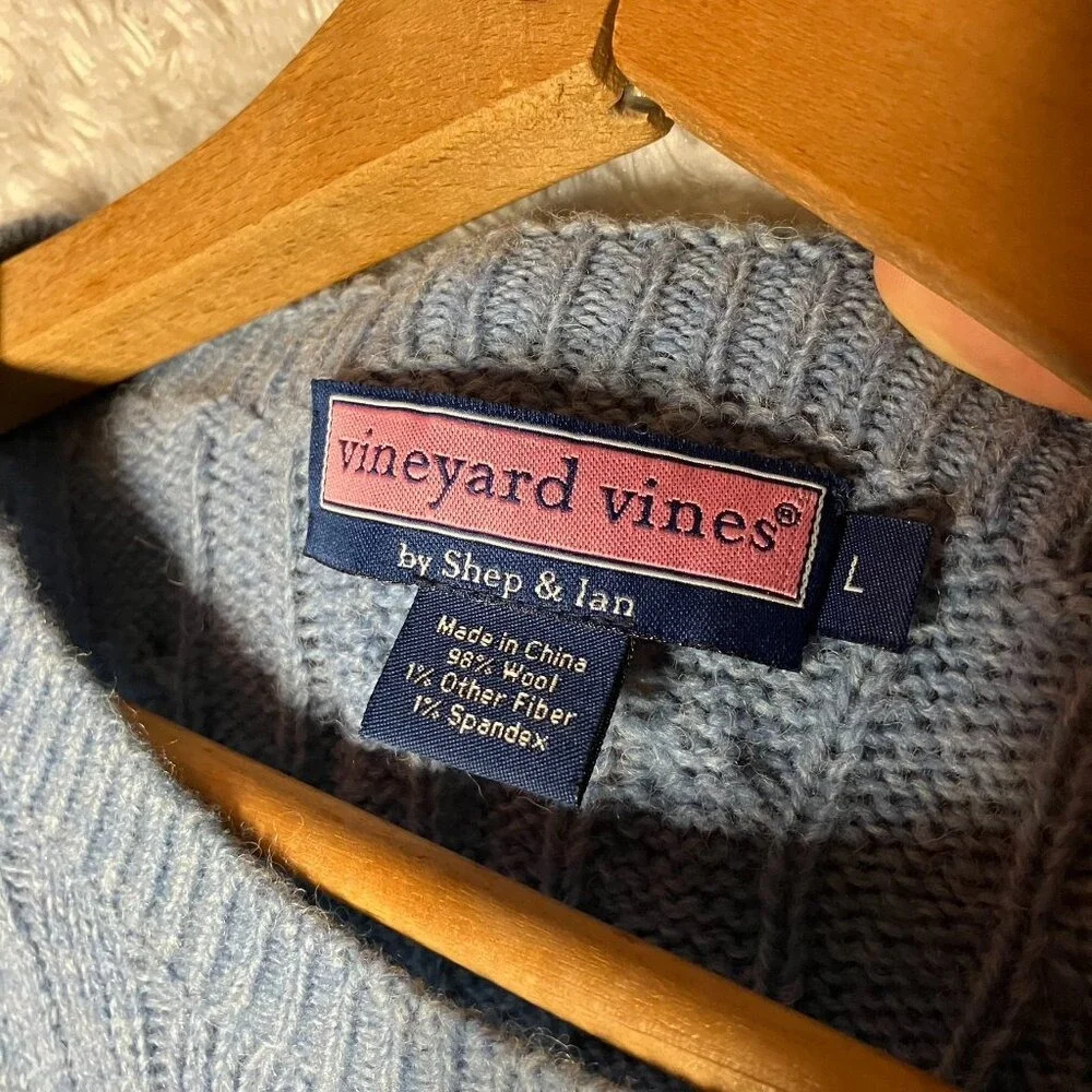 Vineyard Vines Mens Large Blue Wool Blend Cable Knit Crewneck Whale Logo Sweater